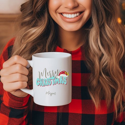 Merry Christmas Blue Red Festive Retro Add Name Coffee Mug