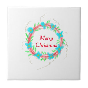 Merry Christmas blue red garland watercolor holida Ceramic Tile