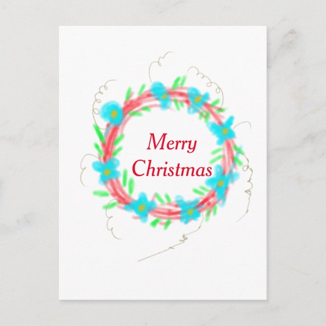 Merry Christmas blue red garland watercolor holida Postcard (Front)