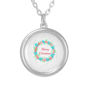 Merry Christmas blue red garland watercolor holida Silver Plated Necklace