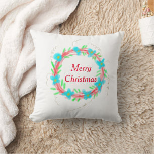 Merry Christmas blue red garland watercolor holida Throw Pillow