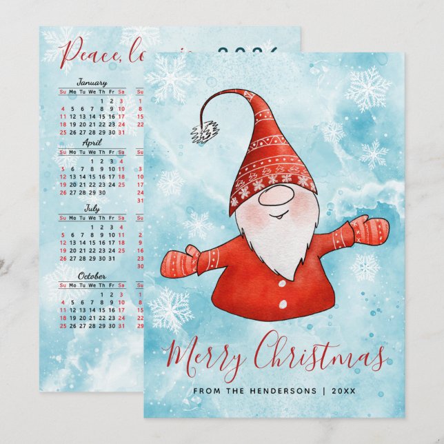 Merry Christmas Blue Red Gnome 2026 Calendar Holiday Card (Front/Back)