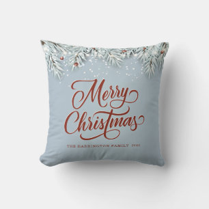 Merry Christmas Blue Red Throw Pillow