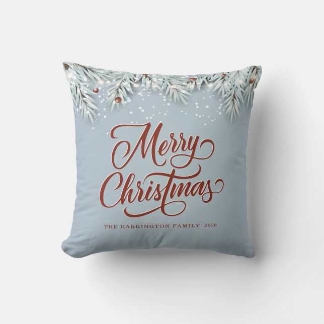 Merry Christmas Blue Red Throw Pillow (Front)