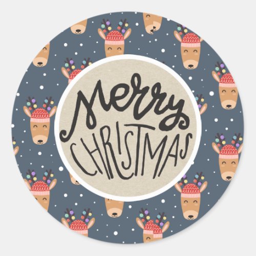Merry Christmas Blue Reindeer Rustic Holiday Favor Classic Round Sticker