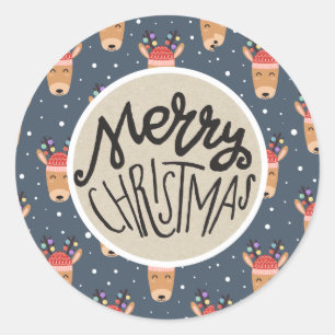 Merry Christmas Blue Reindeer Rustic Holiday Favor Classic Round Sticker