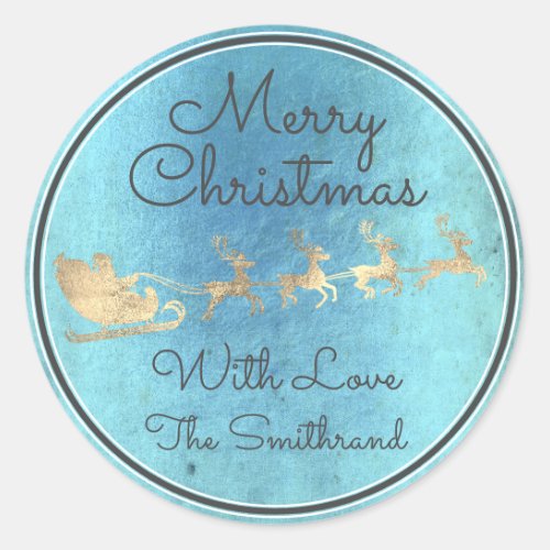 Merry Christmas Blue Rustic Santa Reindeer Sleight Classic Round Sticker