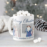 Merry Christmas Blue Script Custom Photo Collage Coffee Mug<br><div class="desc">Personalize this festive Christmas coffee or hot cocoa mug with three (3) photos and custom text. The default design features "Merry Christmas Wishes" in script with three photos of children and a custom message to Grandma. Includes snowflake sketches and navy blue text that can be customized to a different color....</div>
