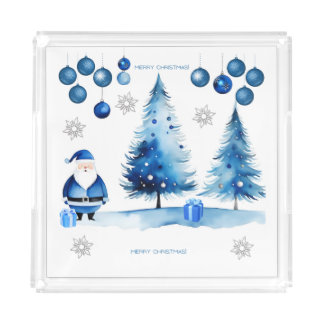 Merry Christmas Blue & Silver Japandi Watercolor Acrylic Tray