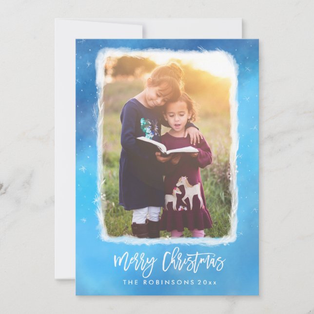 Merry Christmas Blue Snow Modern Scrip Photo Holiday Card (Front)