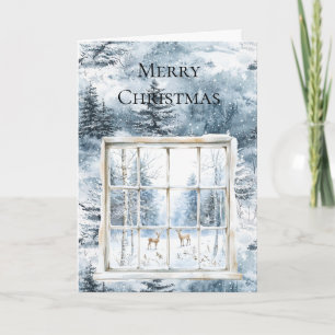 Merry Christmas Blue Snow Winter Trees Deer Window Card