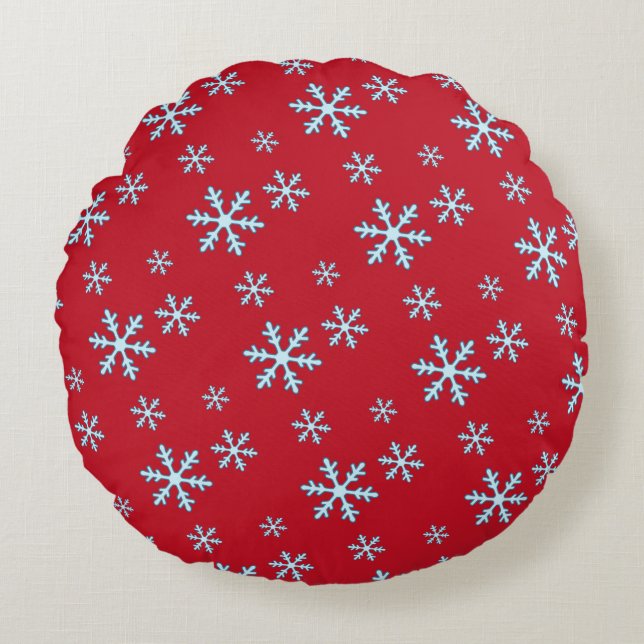Merry Christmas Blue Snowflake Holiday Winter Round Pillow (Front)