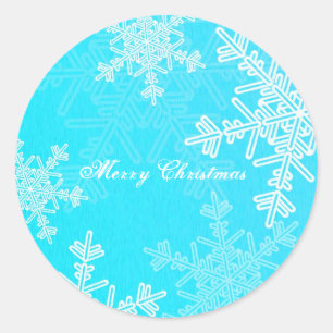 Merry Christmas Blue Snowflake Minimalist Script Classic Round Sticker