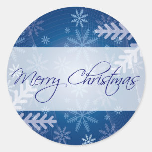 Merry Christmas Blue Snowflake Round Stickers