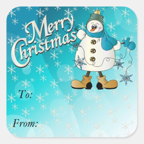 Merry Christmas Blue Snowflake Snowman Square Sticker
