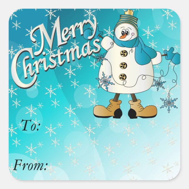 Merry Christmas Blue Snowflake Snowman Square Sticker (Front)