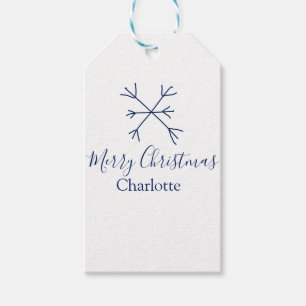 Merry Christmas blue snowflakes add name holidays Gift Tags