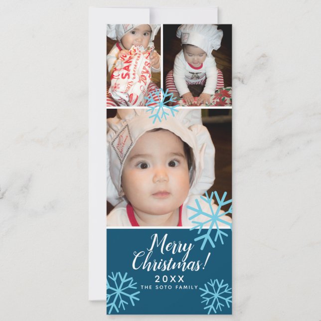 Merry Christmas Blue SnowFlakes Baby Photo Collage Holiday Card (Front)