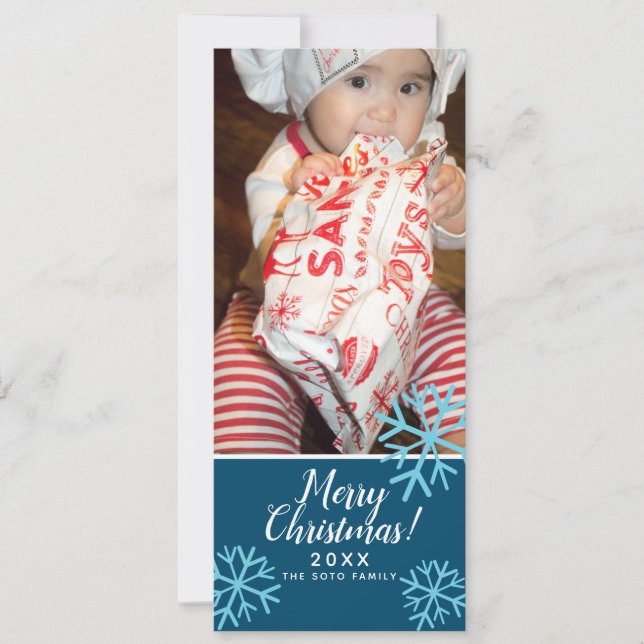 Merry Christmas Blue SnowFlakes Baby Photo Holiday Card (Front)