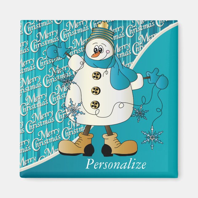 Merry Christmas Blue Snowman Magnet (Front)