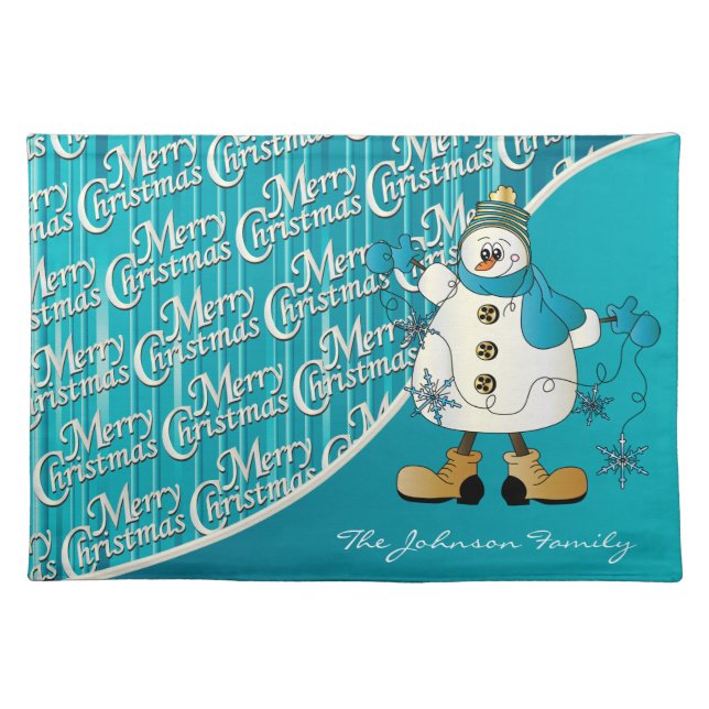Merry Christmas Blue Snowman Placemat (Front)