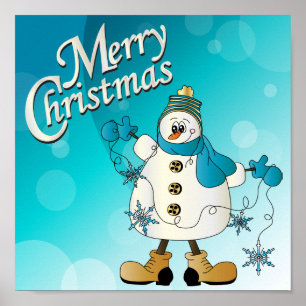 Merry Christmas Blue Snowman Poster