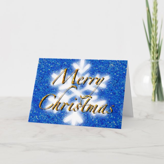 Merry Christmas, blue sparkle snowflake  Card (Front)