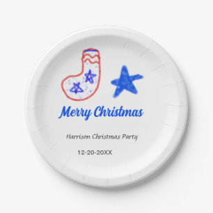 Merry Christmas blue star red stockings name date Paper Plates