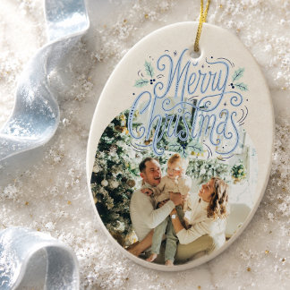 Merry Christmas Blue Typography Arched Photo  Ceramic Ornament