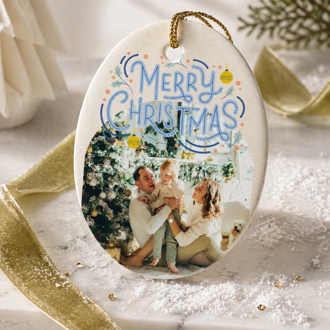 Merry Christmas Blue Typography Arched Photo  Ceramic Ornament (Merry Christmas Blue Typography Arched Photo Ceramic Ornament)