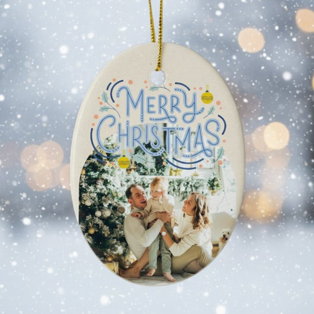 Merry Christmas Blue Typography Arched Photo  Ceramic Ornament (Send cheer with this bold and playful holiday ornament!)