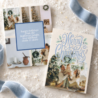 Merry Christmas Blue Typography Arched Photo  Holiday Card