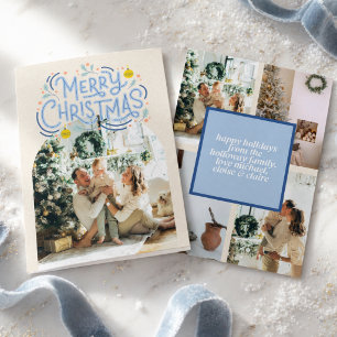 Merry Christmas Blue Typography Arched Photo  Holiday Card