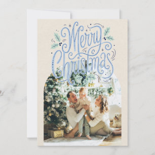 Merry Christmas Blue Typography Arched Photo  Holiday Card