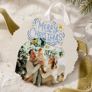 Merry Christmas Blue Typography Arched Photo Ornament Card