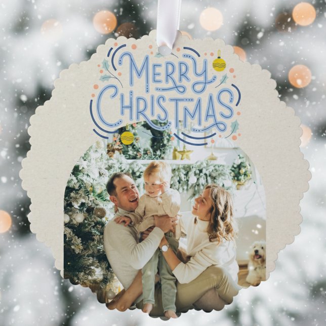 Merry Christmas Blue Typography Arched Photo  Ornament Card (Send cheer with this bold and playful holiday ornament!)