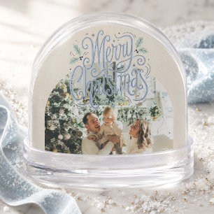 Merry Christmas Blue Typography Arched Photo Snow Globe