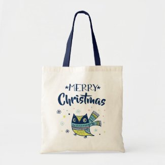 Merry Christmas Blue Typography &amp; Christmas Owl