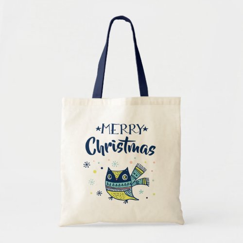 Merry Christmas Blue Typography  Christmas Owl Tote Bag