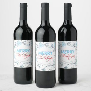 Merry Christmas Blue Watercolor Floral Wine Label