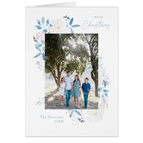 Merry Christmas Blue Watercolor Flower Frame 