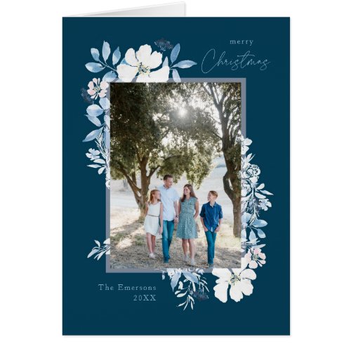 Merry Christmas Blue Watercolor Flower Frame Blue