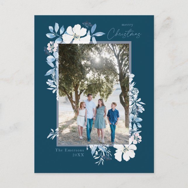 Merry Christmas Blue Watercolor Flower Frame dark Postcard (Front)