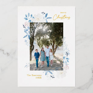 Merry Christmas Blue Watercolor Flower Frame Light Foil Holiday Card