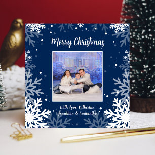 Merry Christmas Blue & White Snowflakes Photo Holiday Card