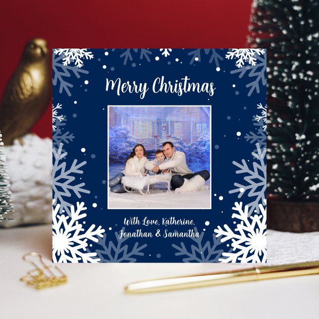 Merry Christmas Blue & White Snowflakes Photo  Holiday Card (Creator Uploaded)