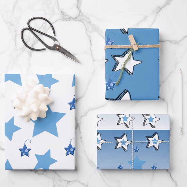 Merry Christmas Blue & White Stars Wrapping Paper Sheets (Front)