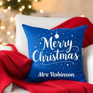Merry Christmas Blue White Trendy Custom Name Throw Pillow