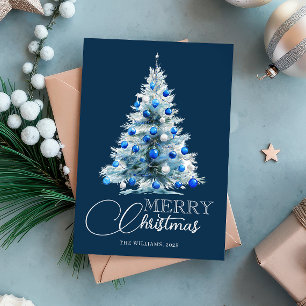 Merry Christmas Blue White Watercolor Tree Holiday Card