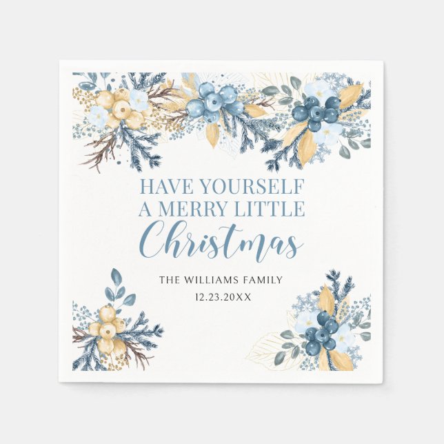 Merry Christmas blue winter berries Paper  Napkins (Front)